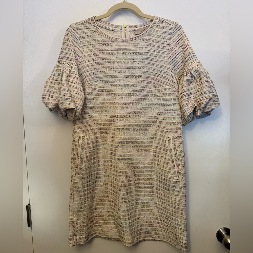 Loft Womens Work Casual Striped Boucle Tweed Puff Sleeve Shift Dress Size XS